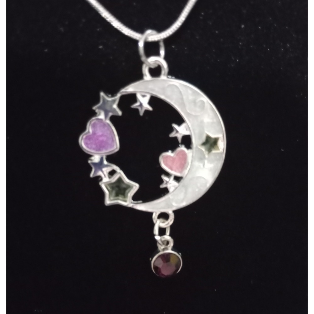 Pearl White‎ Crescent Moon Pendant With Purple Amethyst Charm On 18" Snake Chain